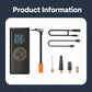 Car electric air pump inflator with digital display and included nozzle adapters.