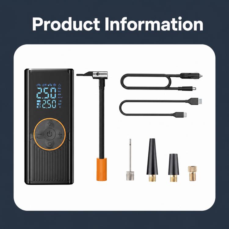 Car electric air pump inflator with digital display and included nozzle adapters.