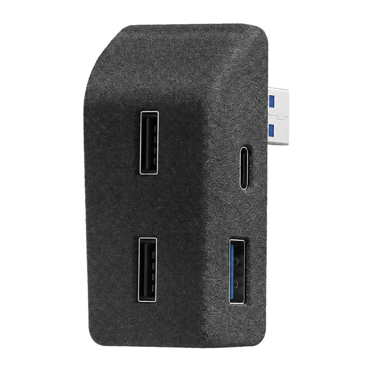 Black fabric glove box expansion hub with four USB ports, front view