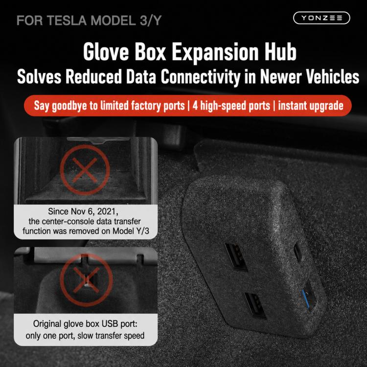 Black glove box expansion hub with four USB ports, installed in center console
