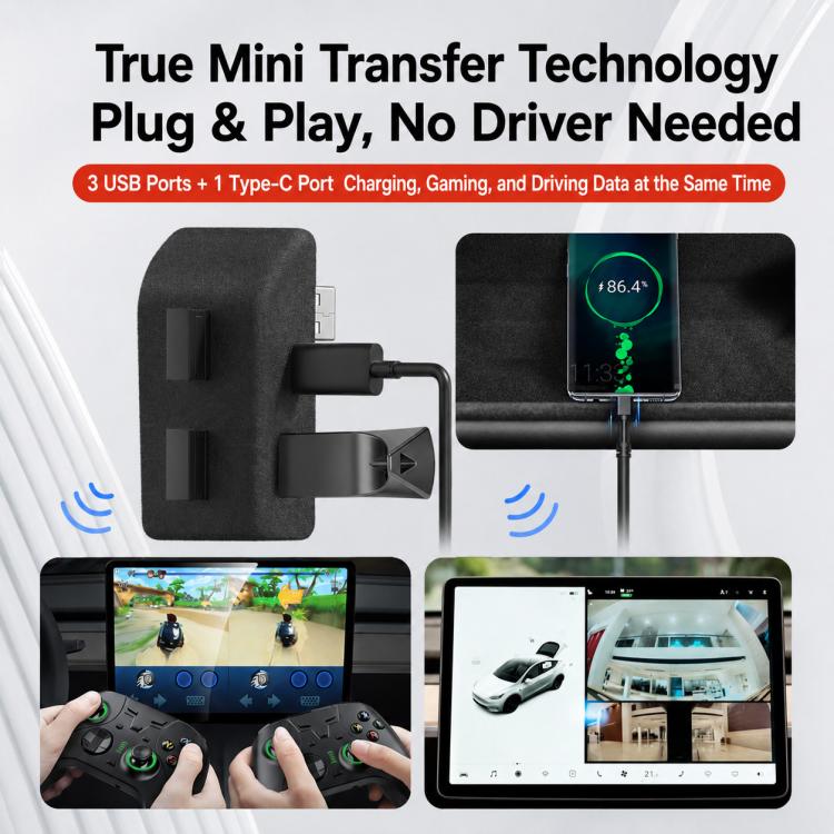 Black glove box expansion hub with USB ports and Type-C charging, plug-in view