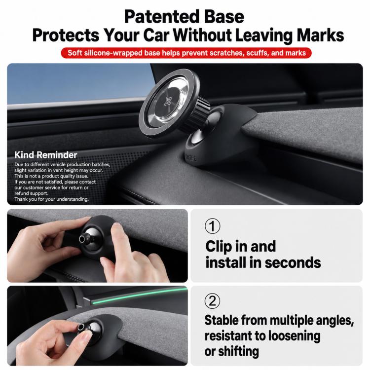Black magnetic phone holder with silicone-wrapped base on car interior
