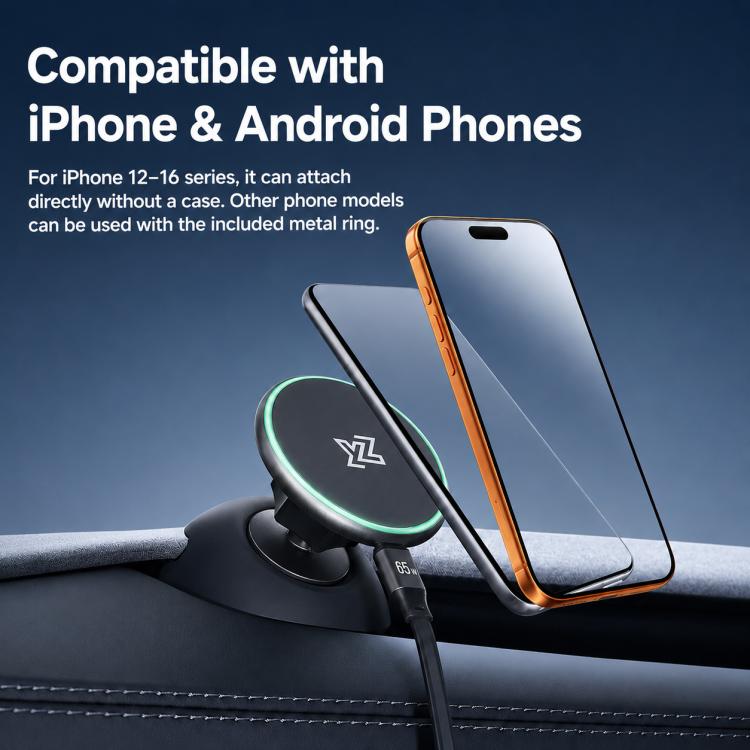 Black magnetic phone holder with two phones attached, ring base on dashboard
