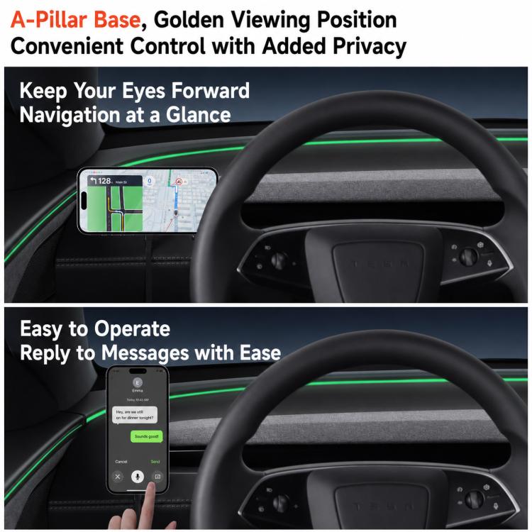 Magnetic mobile phone holder with base mounted near dashboard for center console use