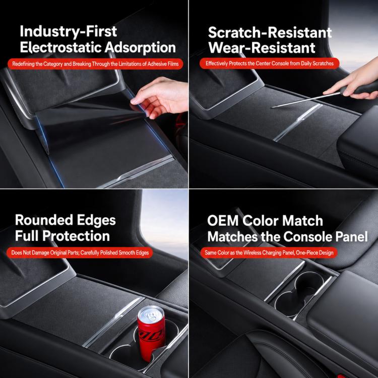 Black suede center console protective film with rounded edges and scuff-resistant look