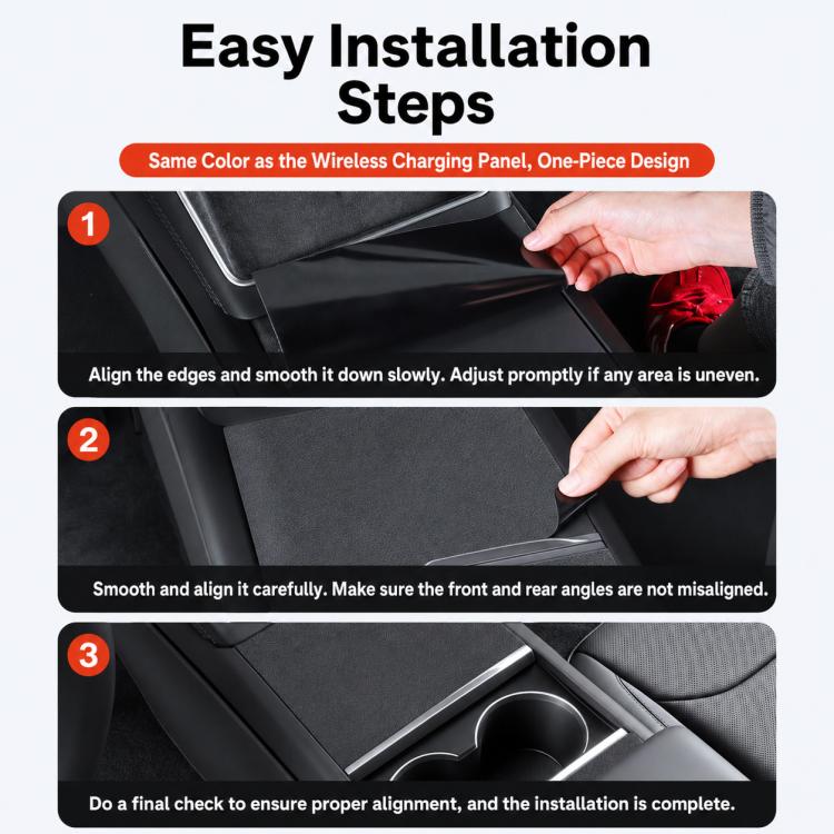 Hands applying black suede center console protective film during installation steps