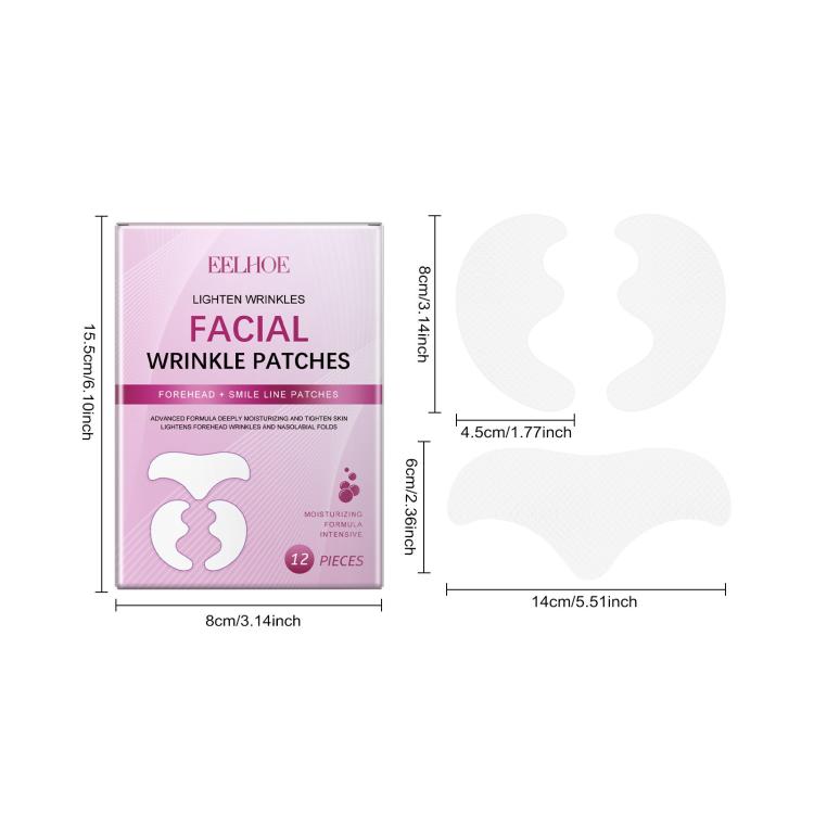 Facial wrinkle patch kit box with patch size diagram and white patch shapes