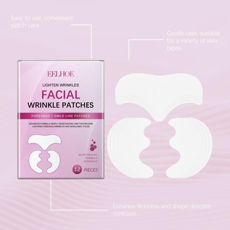 Facial wrinkle patch kit box with attached white patch shapes shown on face outlines