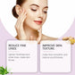 Facial wrinkle patch product with two pink info cards and model portrait