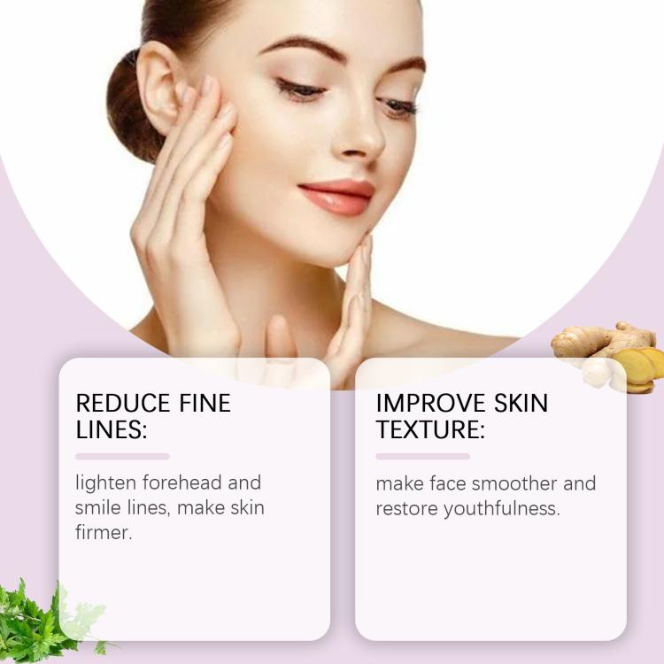 Facial wrinkle patch product with two pink info cards and model portrait