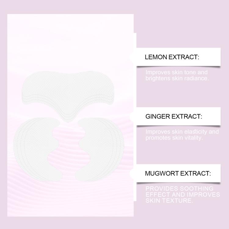 Facial wrinkle patch benefits panel with white patch shapes and ingredient labels