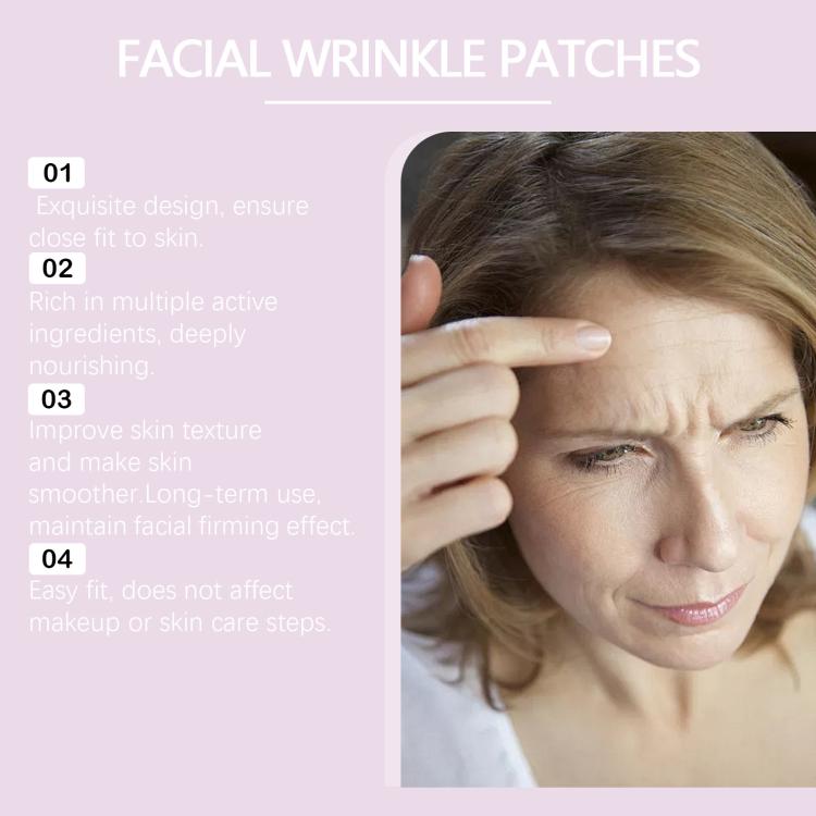 Facial wrinkle patch guide with model photo and text panel about patch design
