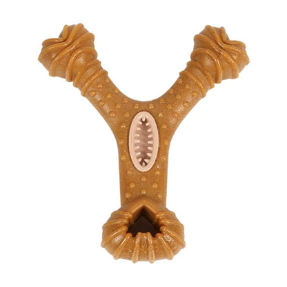 Brown Y-shaped dental chew treat toy with ridged arms and oval tooth-cleaning insert