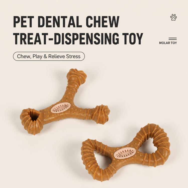 Two brown dental chew treat toys: Y-shaped and 8-shaped, each with tooth-cleaning insert