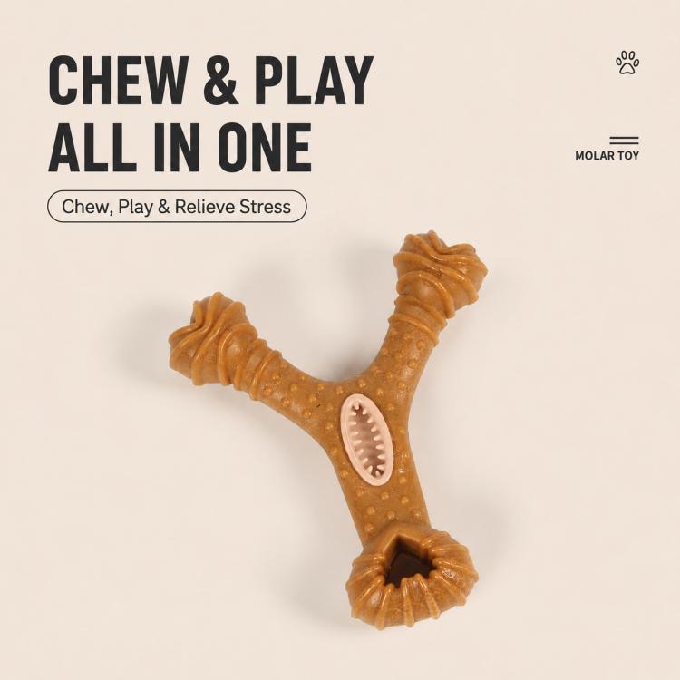 Brown Y-shaped dental chew treat toy with ridged arms and oval tooth-cleaning insert