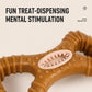 Close-up of brown dental chew treat toy with oval tooth-cleaning insert and textured ridges