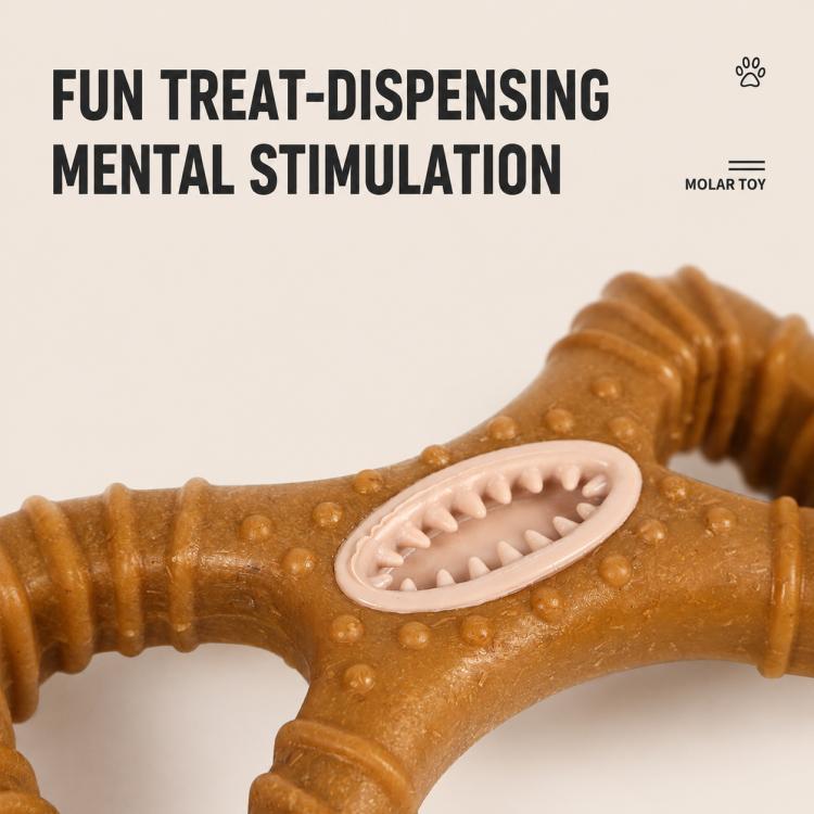 Close-up of brown dental chew treat toy with oval tooth-cleaning insert and textured ridges