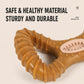 Close-up of brown 8-shaped dental chew toy with ridged loop texture and tooth-cleaning insert