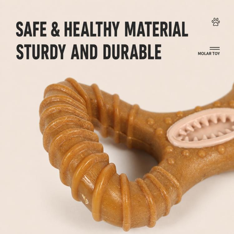 Close-up of brown 8-shaped dental chew toy with ridged loop texture and tooth-cleaning insert