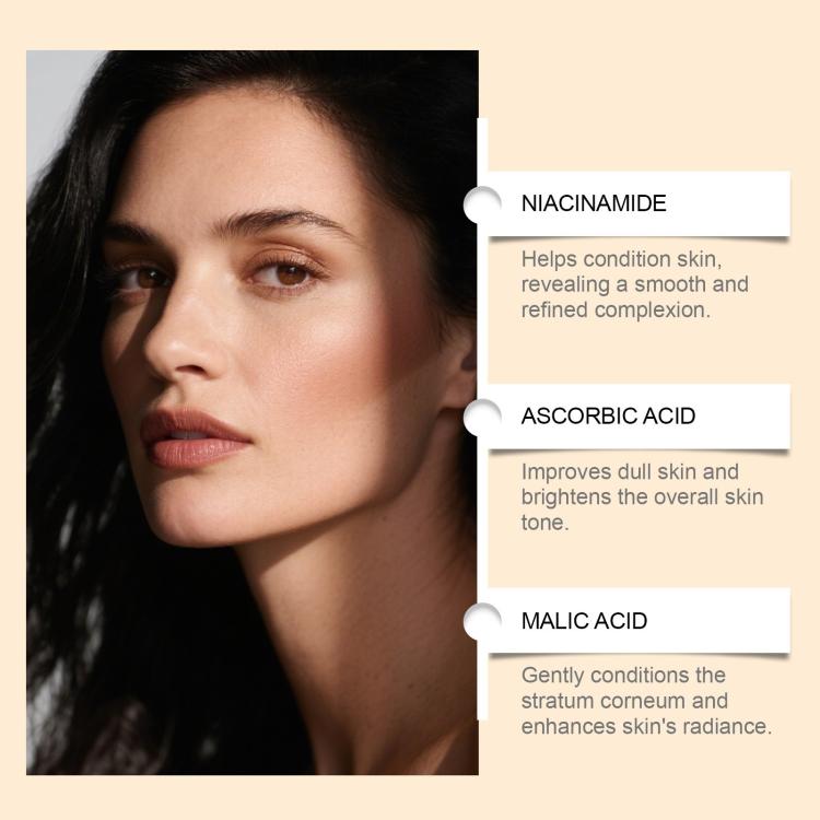 Acne patch ingredient card highlighting Niacinamide, Ascorbic Acid, and Malic Acid