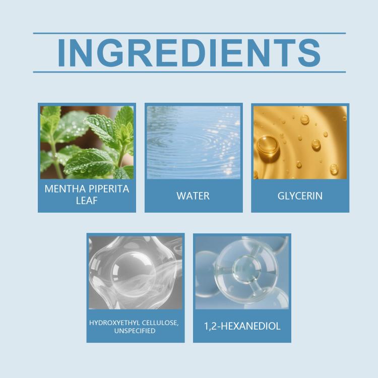 Silicone scar roll ingredients panel with mint leaf, water, glycerin, and more