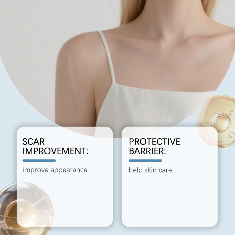 Beige silicone scar roll applicator near skin with protective barrier and comfort cards