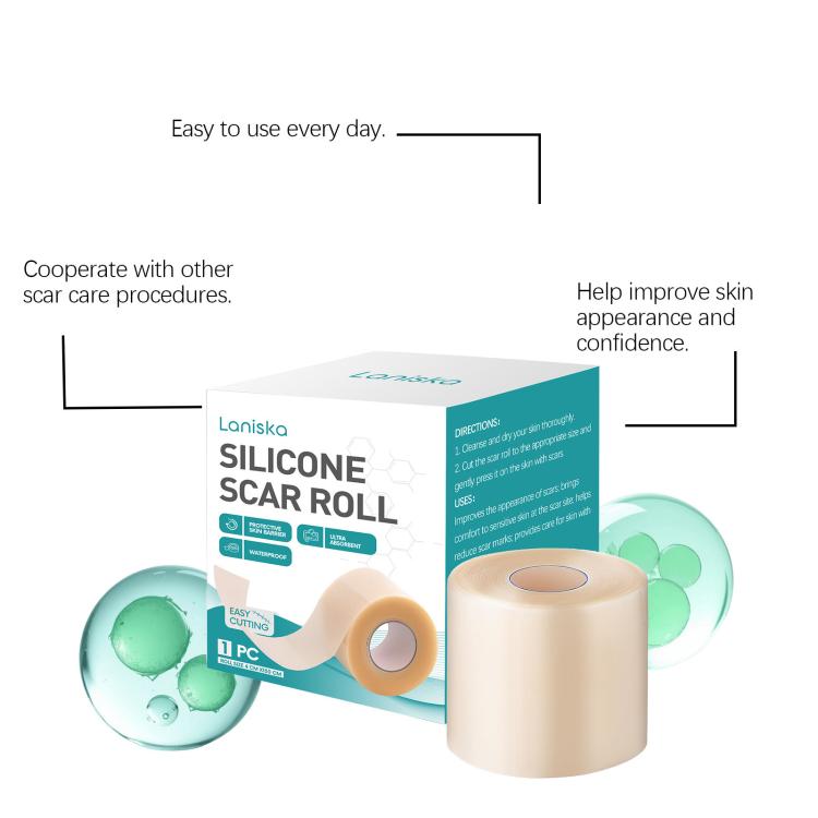 Silicone scar roll product box and beige roll with green bubble graphics