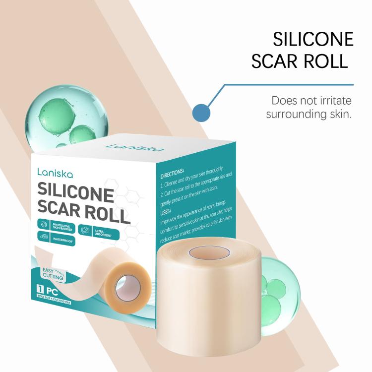Silicone scar roll kit with beige roll, product box, and mint-green bubble graphic