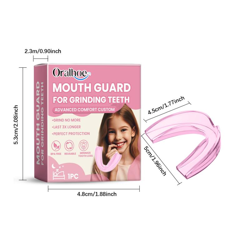 Children’s pink silicone mouth guard tray, with size labels and folded view