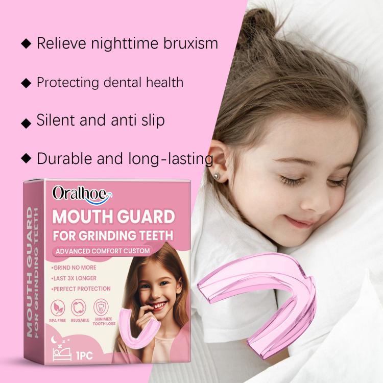 Children's pink mouth guard for grinding teeth, shown with box and tray