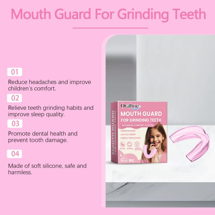 Children’s mouth guard for grinding teeth, pink tray and product box