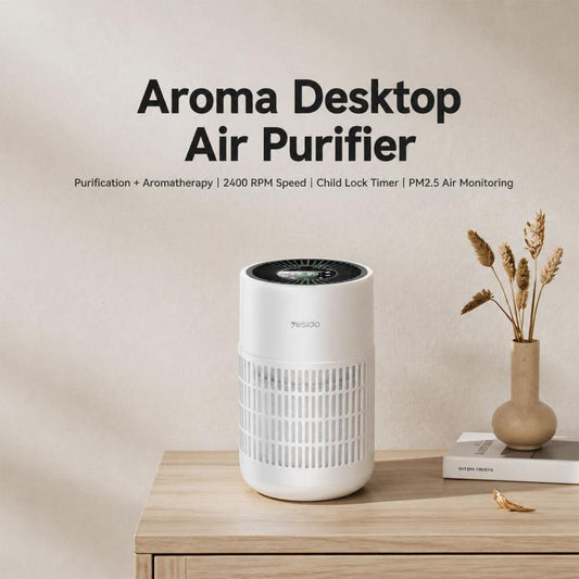 White Yesido compact desktop air purifier with top display and vented cylindrical body