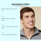 Whitening strips set features panel with four numbered benefits and a smiling face.