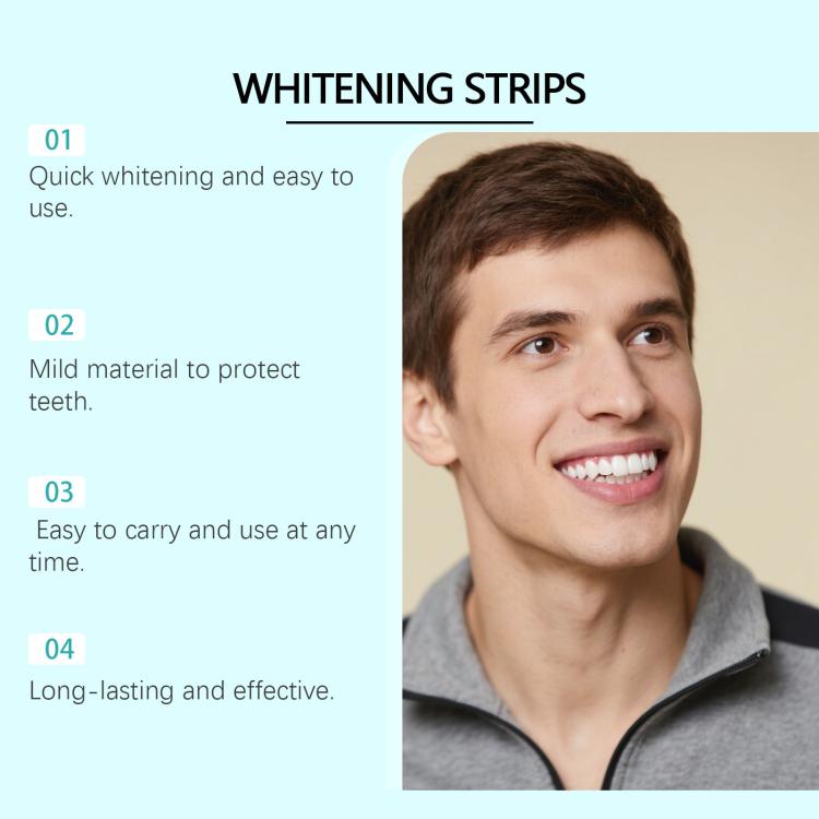 Whitening strips set features panel with four numbered benefits and a smiling face.