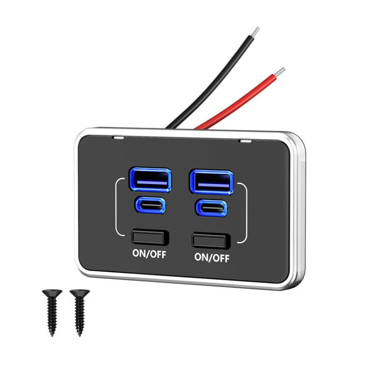 Silver car USB-C charger with four blue-lit ports and two on/off switches