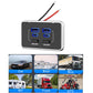 Four-port car charger with black faceplate, blue USB ports, and red/black leads