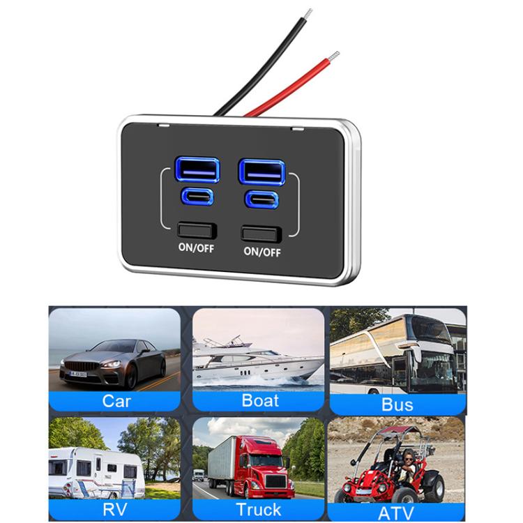 Four-port car charger with black faceplate, blue USB ports, and red/black leads