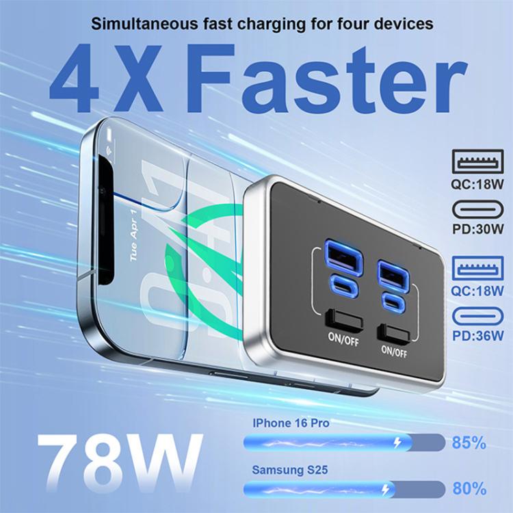 Silver four-port car USB charger with blue ports and side panel charging indicator