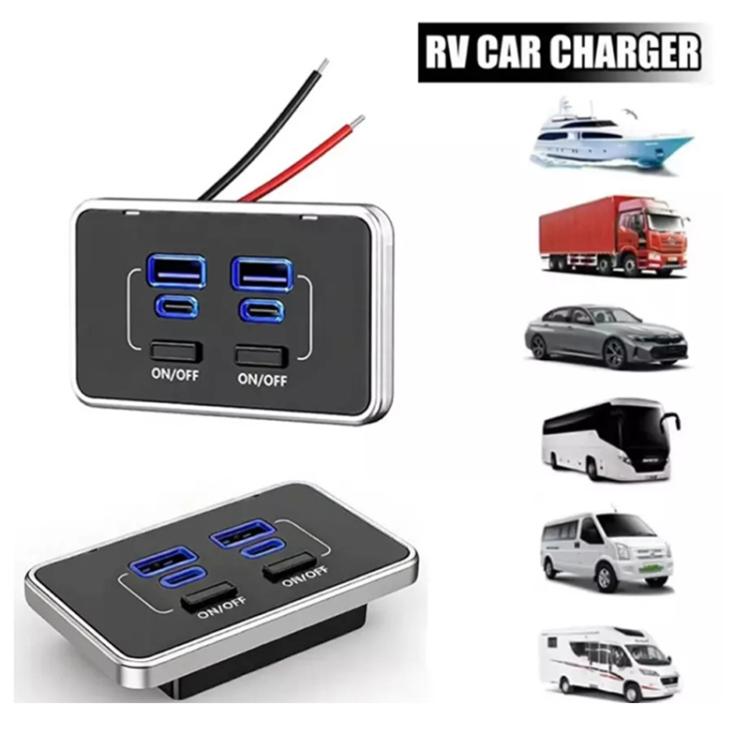 Compact four-port car charger with blue indicators and included mounting screws