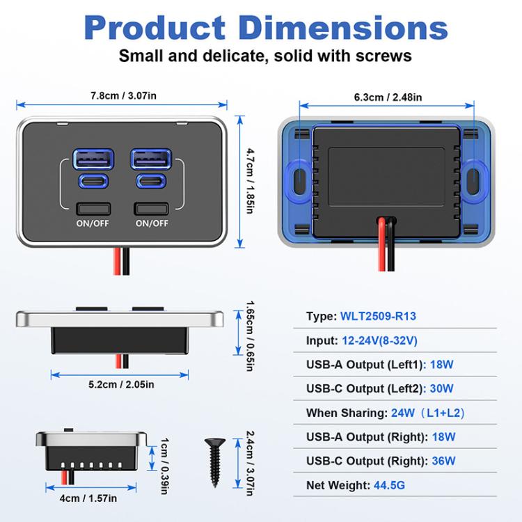 Four-port car charger dimension diagram showing ports and mounting size