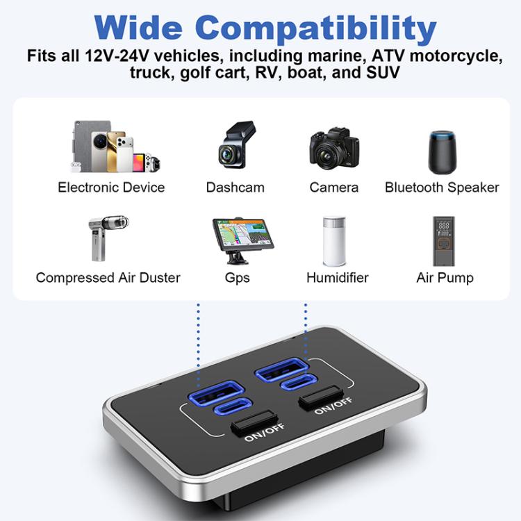 Four-port car charger with blue USB ports on a base for 12–24V vehicles