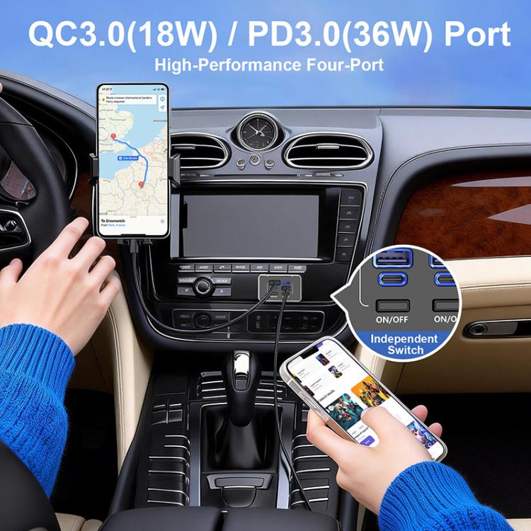 Four-port car USB charger with independent switches for device charging