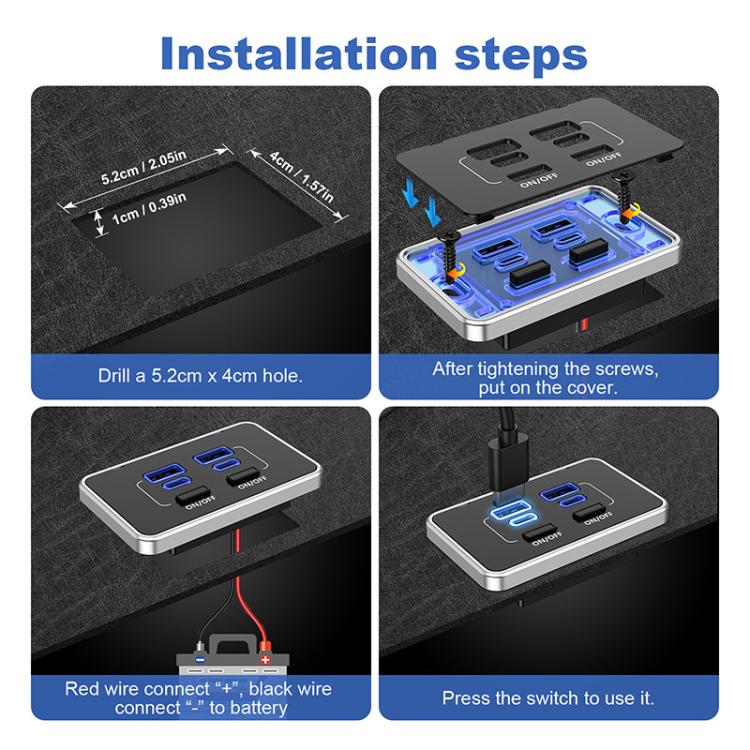 Four-port car charger installation steps showing screws, wiring, and switch press