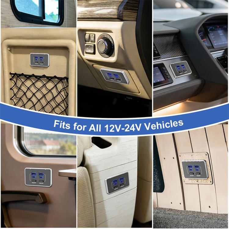 Four-port car charger mounted in dashboard with blue-lit ports across vehicles