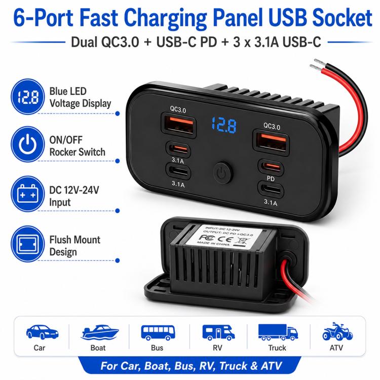 Car Modification Fast Charging USB-C Car Charger with Voltmeter, Multi-Ports