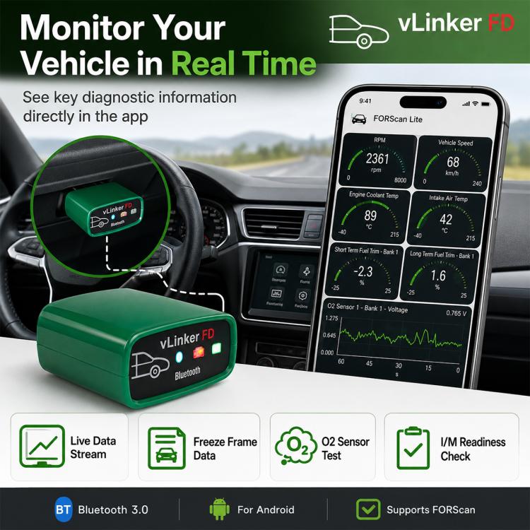 VLINKER FD + V2.2 Bluetooth 3.0 Car Fault Diagnosis Detector, FD + V2.2 Bluetooth 3.0