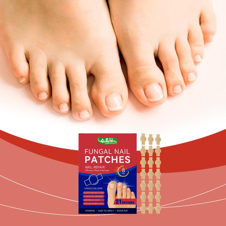 Nail patch treatment set with beige adhesive segments and toe-nail care on hands