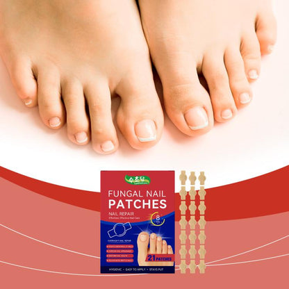 Nail patch treatment set with beige adhesive segments and toe-nail care on hands