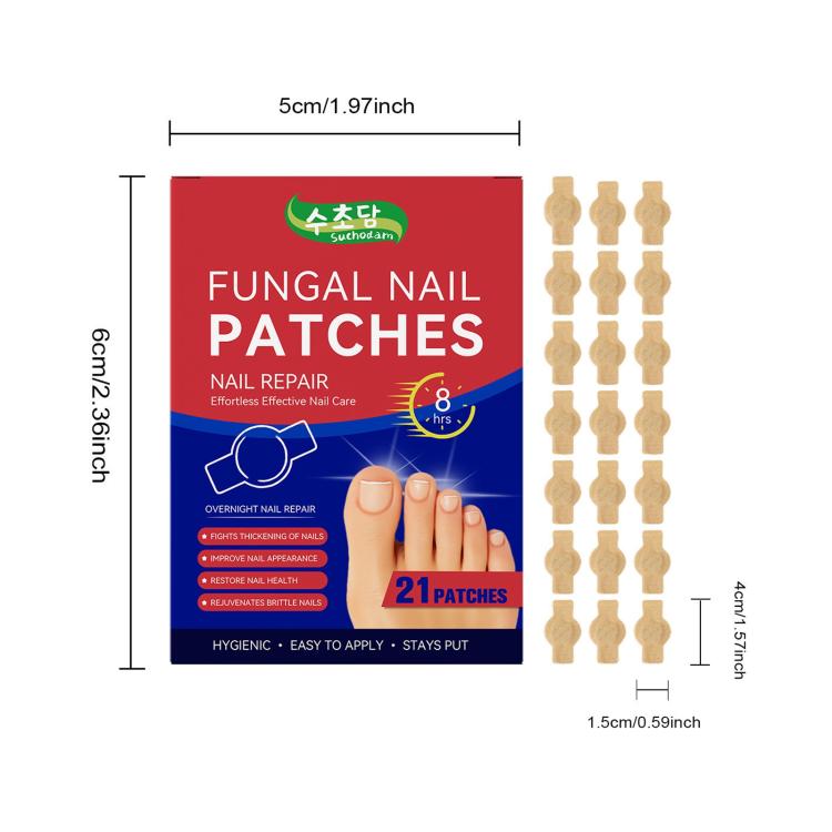 Fungal nail patch kit with 21 beige patch segments and size measurement graphic