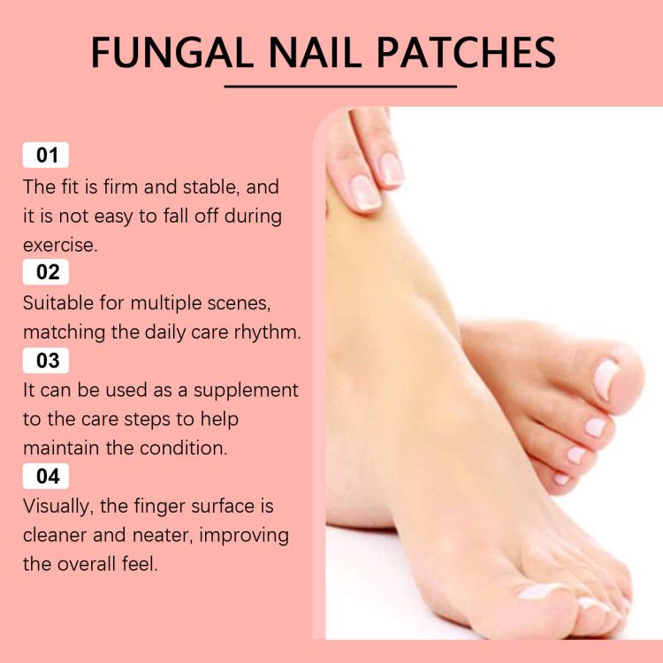Fungal nail patches infographic with numbered fit and use tips beside foot